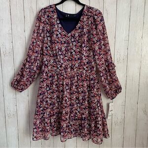 LF Leslie Fay Dress Women’s 8 Multi Color Floral Long Sleeve V Neck Side Zip $98